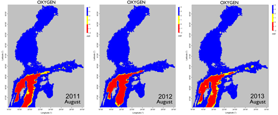 Oxygen levels close to the sea floor in the Baltic Sea in August 2011–2013